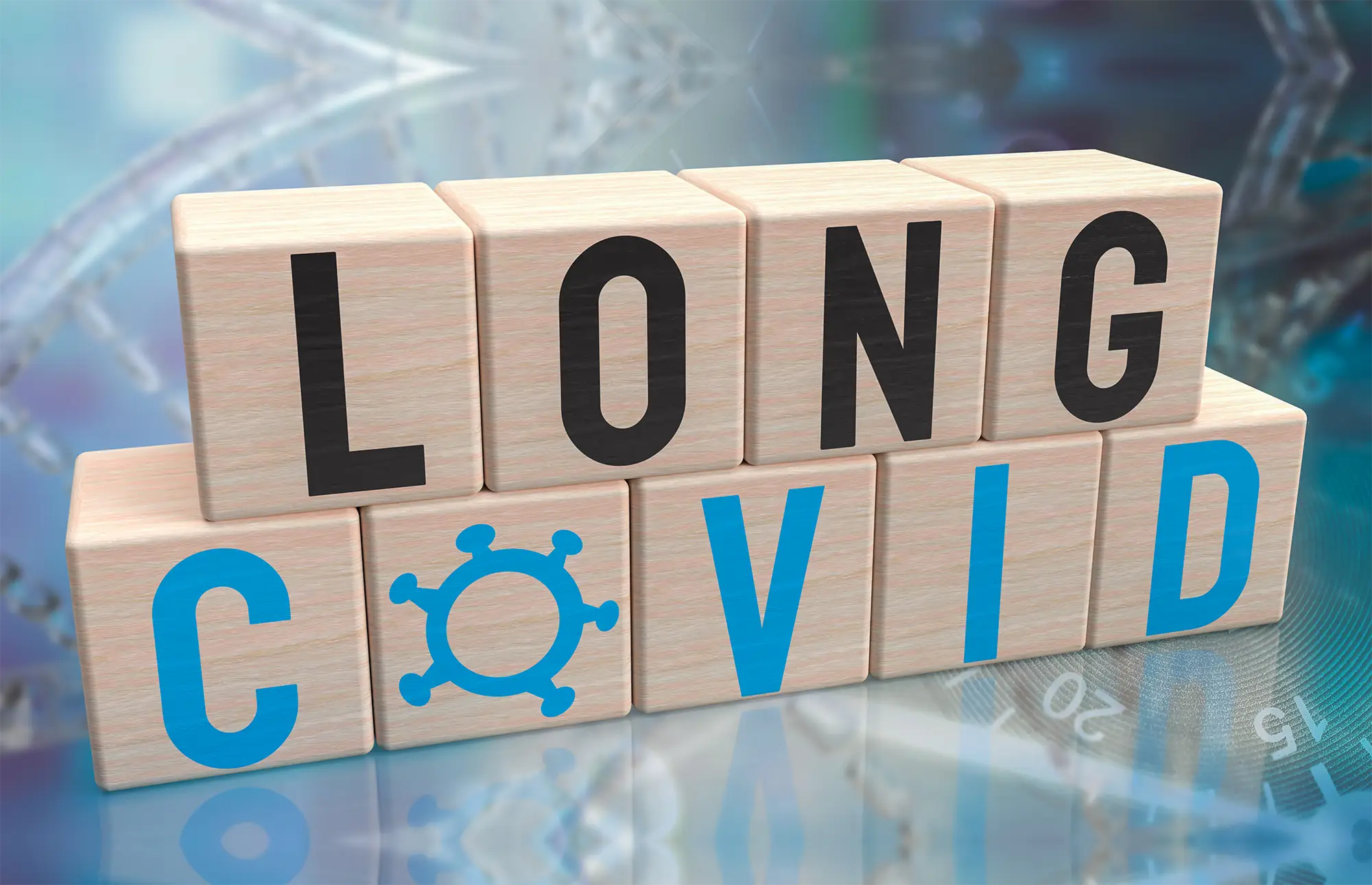 Holzwürfel mit der Aufschrift "Long COVID"